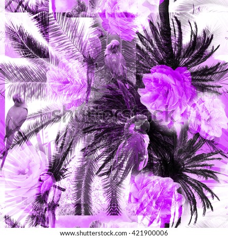 Tropical pattern seamless with palm leaves, roses and parrots on a tropical background. Palm trees on a colorful backdrop. Gorgeous photo collage - clip-art with slow focus and layers effect.