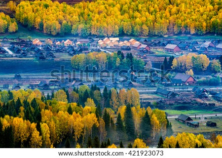 Blue Tone Of Hemu Village In The Foggy Early Morning Royalty-Free Stock Photo #421923073