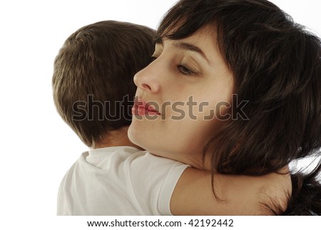 Mother and son in white t-shirt tightly hugging, isolated on white