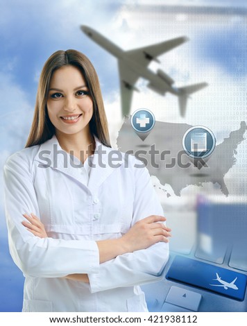 Young doctor on virtual background. Medical tourism concept