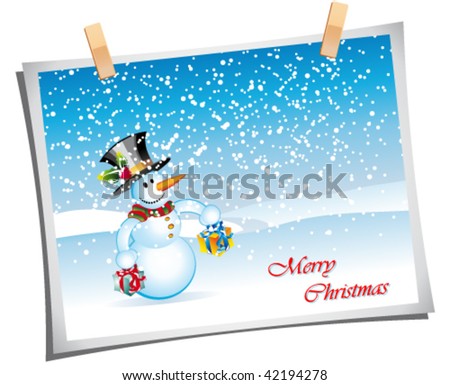 Merry Christmas Greetings card with cartoon snowman