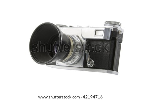 Old photographic camera isolated over white