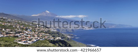 View over Orotava Valley to the north coast and Puerto de la Cruz and Pico del Teide, Tenerife, Canary Islands, Spain, Europe