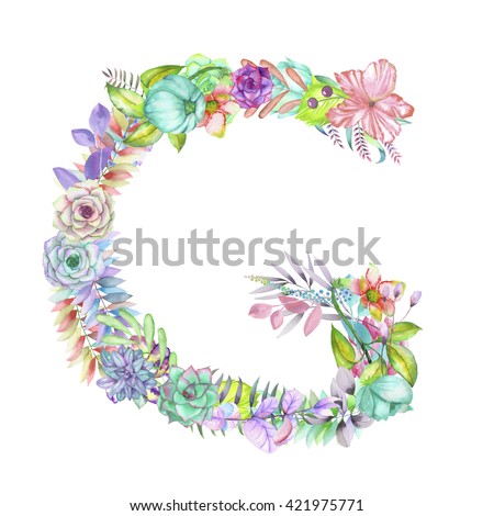 Capital letter G of watercolor flowers, isolated hand drawn on a white background, wedding design, english alphabet for the festive and wedding decor and cards