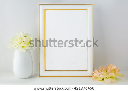 White frame mockup with ivory hydrangea. Frame mockup. White frame mockup. 