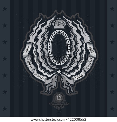 Oval Frame Between Winding Ribbons And Abstract Plants. Vintage Label With Coat of Arms On Blackboard