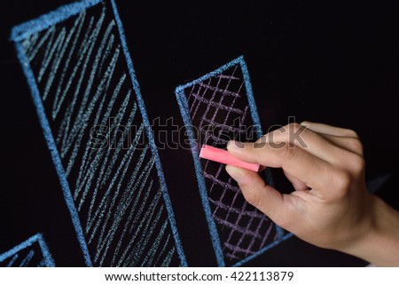 Business woman is drawing charts, plans, diagrams mathematical equation with two unknowns and question mark by colored chalk on a blackboard 