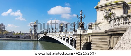 Alexandre Bridge in Paris on a bright sunny morning in Spring, panorama image