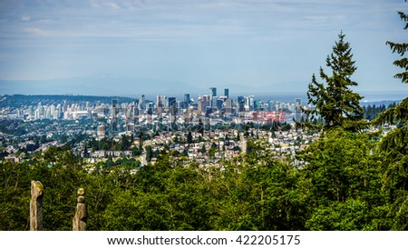 The Skyline of the city of Vancouver, British Columbia, canada looking west from Burnaby Mountain