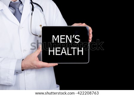 technology, internet and networking in medicine concept - Doctor holding a tablet pc with man's health sign. Internet technologies in medicine