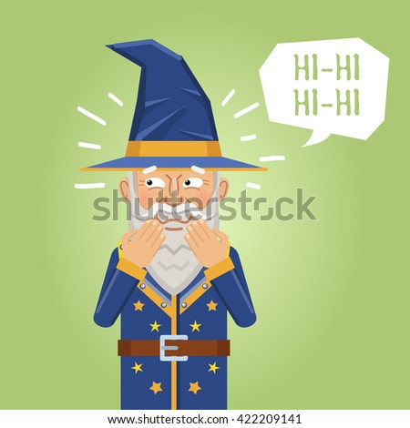 Illustration of a cheerful wizard laughing. Emoticon, emoji, facial expression. Fantasy magician, warlock, sorcerer. Flat style vector illustration