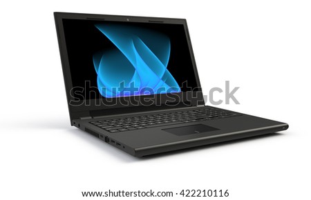 3d render of a black laptop isolated on white. The screen shows blue cyan flames and  abstract wave image. the screen is open and facing forward