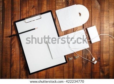 Photo of blank stationery set. Blank corporate identity template. Mockup for design presentations and portfolios. Top view.