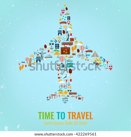Airplane silhouette with travel flat icons. Travel and tourism concept. Vector