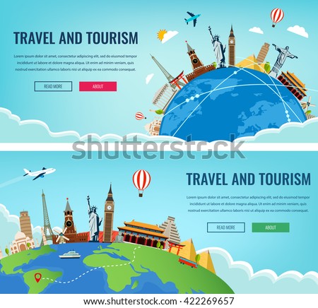 Travel composition with famous world landmarks. Travel and Tourism. Concept website template. Vector illustration. Modern flat design.