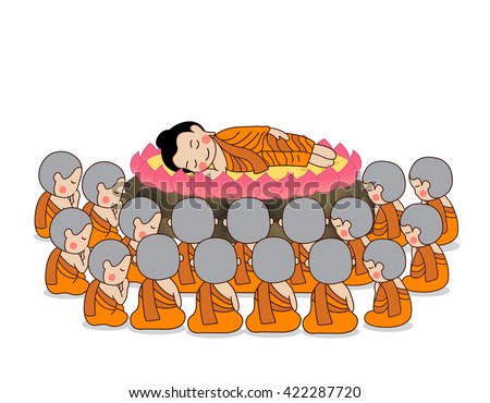 Lord Buddha's nirvana on the lotus and rocks among Buddhist monks. Vector Illustration.