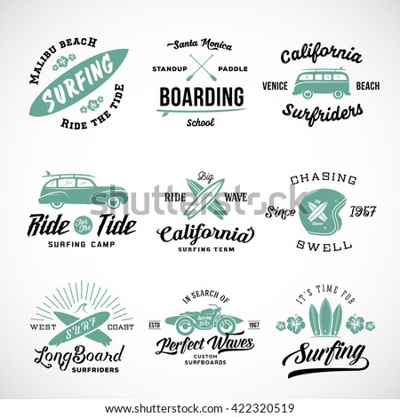 Vector Retro Style Surfing Labels, Logos or T-shirt Graphic Design Featuring Surfboards, Surf Woodie Car, Motorcycle Silhouette, Helmet and Flowers. Isolated. Good for Posters etc.