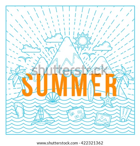 Line Style Flat Vector Summer Card or Background Template with Isle, Ocean, Mountains, Palm Trees and Travel Icons. Isolated.