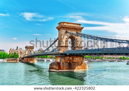 Szechenyi Chain Bridge view from Danube side. Budapest, Hungary. Royalty-Free Stock Photo #422325802
