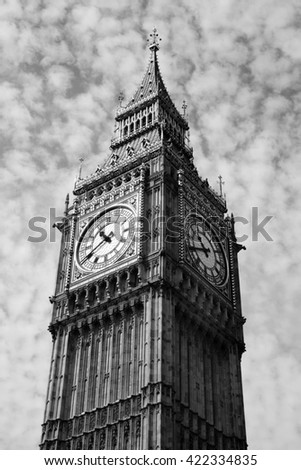 Black and white image of Big Ben of the Houses Of Parliament in Westminster, London, England, UK which was built on the site of the Royal Palace Of Westminster