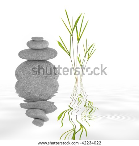 Zen garden abstract of grey stones in perfect balance and bamboo leaf grass, with reflection in rippled water, over white background.