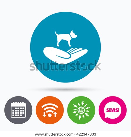 Wifi, Sms and calendar icons. Shelter pets sign icon. Hand holds dog symbol. Animal protection. Go to web globe.
