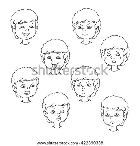 Child face emotion gestures, black and white vector illustration, set collection. Boy curly smiling, laughing, angry, crying, showing tongue, whistles, thoughtful