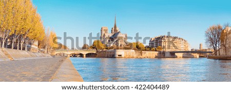 Paris, panorama over river Seine with Notre-Dame Cathedral from the back on a bright day in Autumn