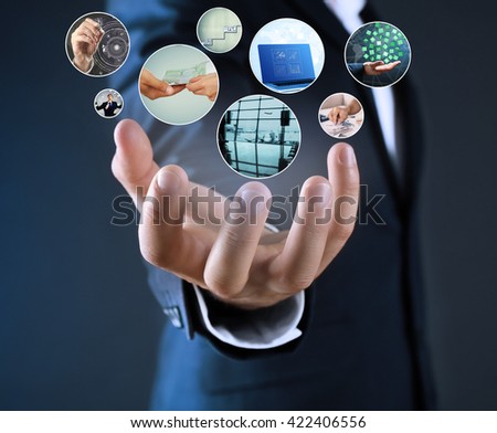 Man with preview digital business photos on virtual screen, concept of modern technology