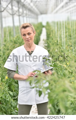 Agronomist analysing plants in greenhouse 