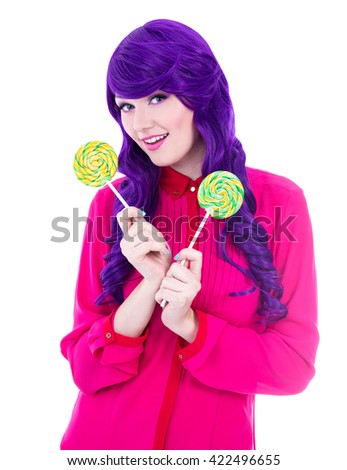 happy woman with purple hair holding lollipops isolated on white background