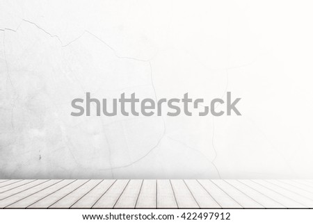 Interior room with Dirty white concrete or cement with wooden floor. perspective wood plank white color floor with concrete or cement wall in white tone texture background for interiors design.