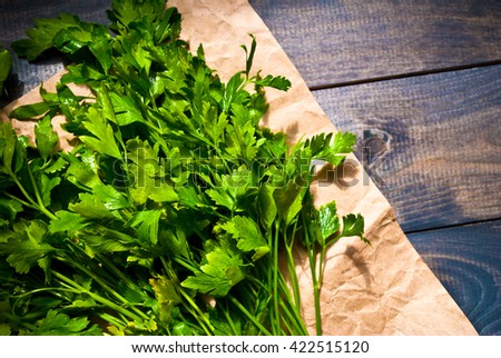 Tied bunch of fresh parsley on a piece of paper. close up