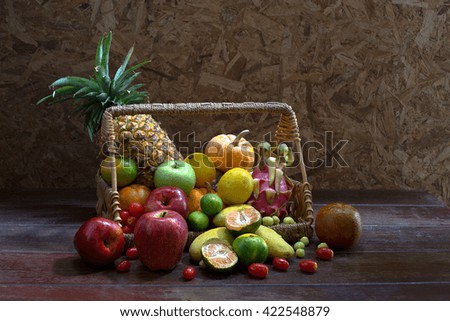 Fruits in the basket on old wooden plate/ Image Still life 