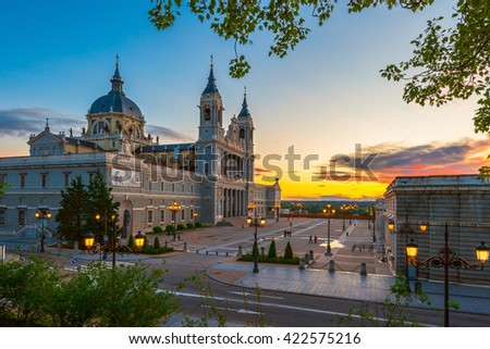 Sunset view of Madrid Cathedral Santa Maria la Real de La Almudena in Madrid, Spain. Architecture and landmark of Madrid
