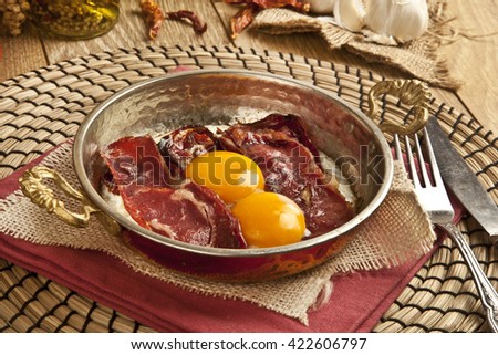 Dried Meat bacon Turkish pastirma with egg, Turkish traditional sunday breakfast food