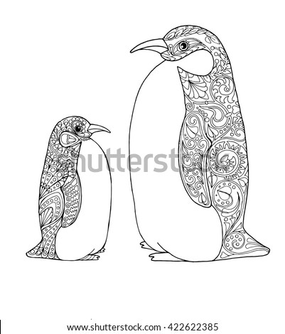 Baby penguin and  adult Bird, page for adult colouring book, black and white vector design
