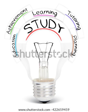 Photo of light bulb with STUDY conceptual words isolated on white