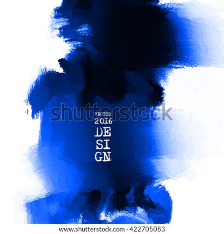 Abstract stylish background blue ink paint. Blue blot isolated on white square. Grunge watercolor banner. Painting. Wallpaper with empty space for your text. Vector illustration.