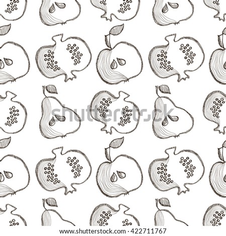 Seamless vector pattern with hand drawn fruits. Black and white Background with pomegranates, apples, pears. Series of Cartoon, Doodle, Sketch and Hand drawn Seamless Patterns.