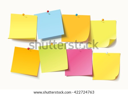 Collection of different colored sheets of note papers with curled corner and push pin, ready for your message. Vector illustration. Isolated on white background. Front view. Close up. Royalty-Free Stock Photo #422724763