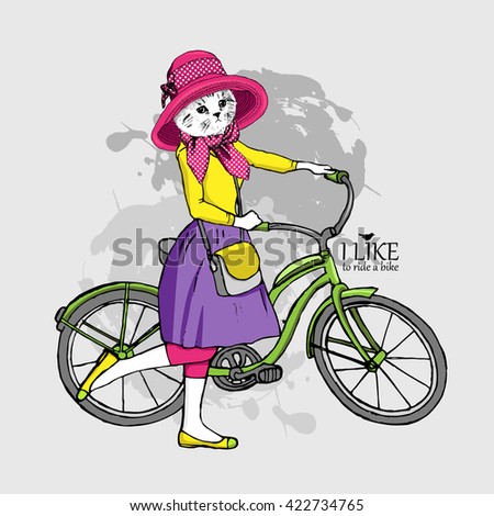 Vector white cat in a pink hat with a bike. lady-cat. Kitty-girl.
