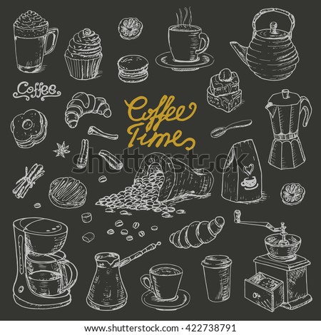 Collection of coffee doodle elements for cafe menu, fliers, chalkboard on dark background. Vector  illustration for your design