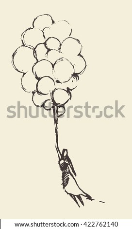 Hand drawn vector  illustration of young girl with balloons. Openness, happiness, freedom concept