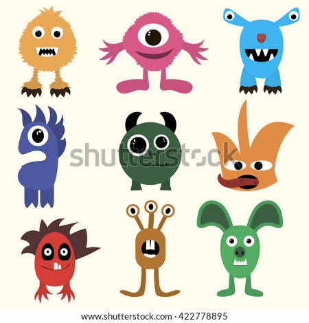 Set of cartoon cute character Monsters. Vector flat illustration.