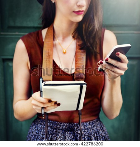 Woman Communicate Phone Outside City Concept