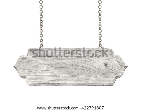 blank wooden sign hanging on a chain. isolated on white