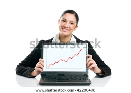 Young business woman displaying successful growing graph on her laptop isolated on white background