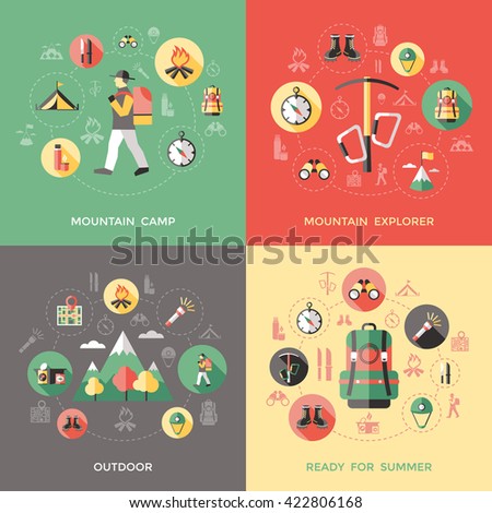 Mountain climbing concept with natural landscape camp explorer  backpack compass thermos knifes binoculars helmet isolated vector illustration    