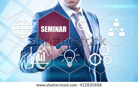 business, technology, internet and virtual reality concept - businessman pressing seminar button on virtual screens with hexagons and transparent honeycomb